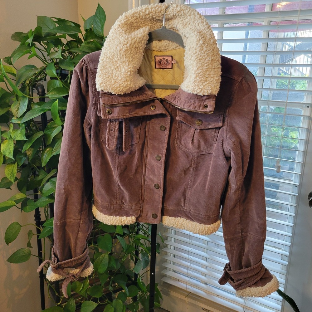 Y2K JUICY COUTURE WOMENS L(FITS M) CORDUROY TRUCKER JACKET SHERPA QUILT LINED